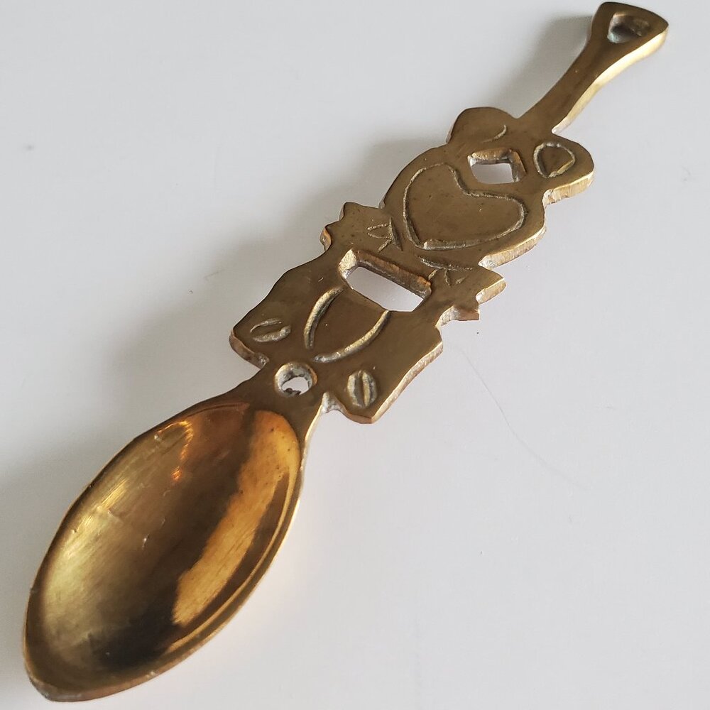 RARE Design * Vintage Brass Tea Spoon Ornate Heart Kissing Ducks MCM Aged